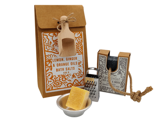 Heerlijk geurend cadeausetje met badzout, zeepblok en amberblokje