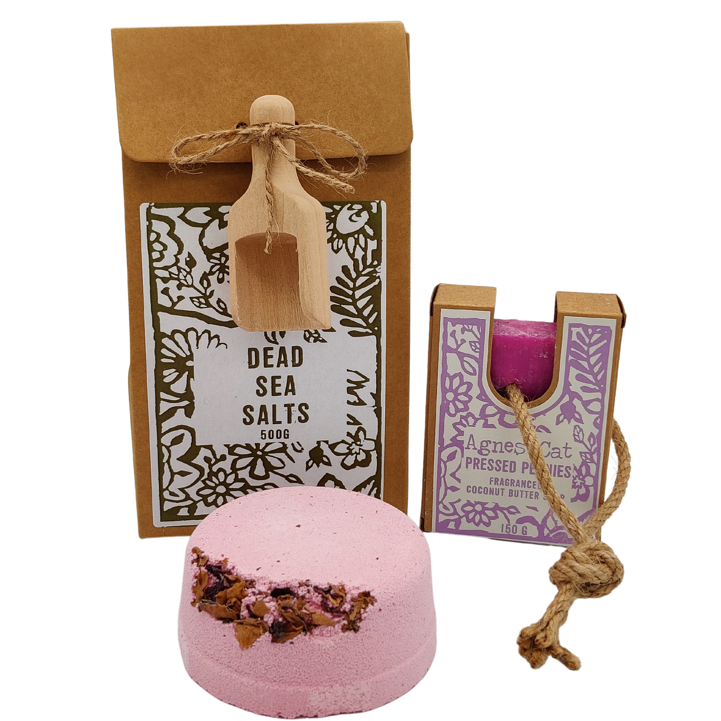 Giftset met dode zeezout, bruisbal en soap on a rope pressed peonies