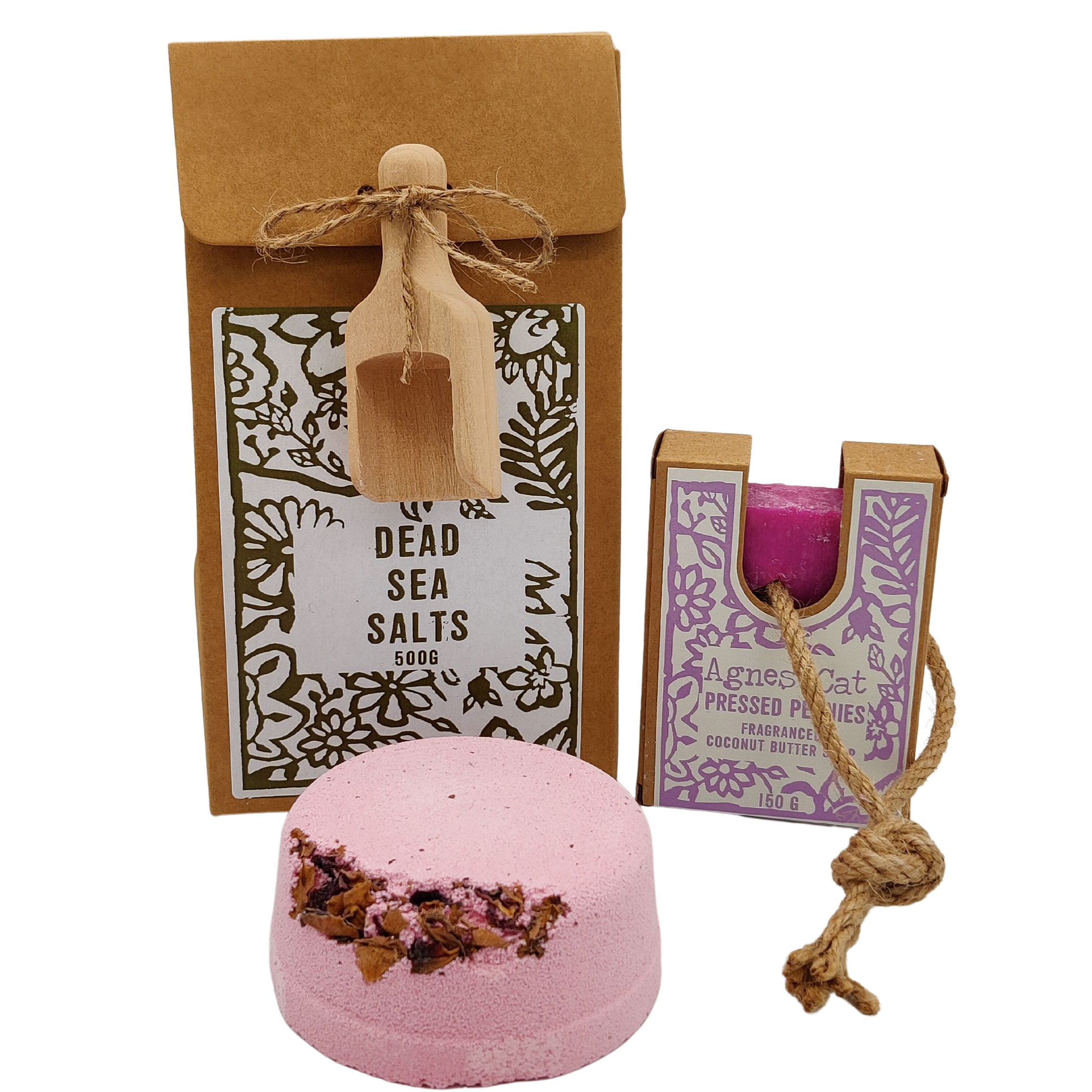 Giftset met dode zeezout, bruisbal en soap on a rope pressed peonies